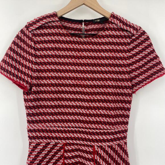 Maje Riola Striped Tweed Mini Sheath Dress Short Sleeve Red Black Womens Size 2 - Picture 4 of 10